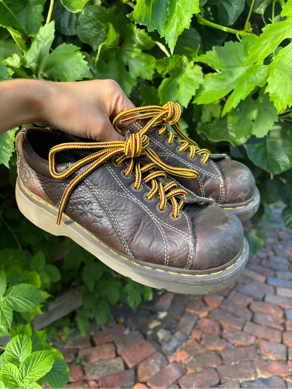 Vintage Dr. Martens Brown Leather Platform Sneakers with Floral Design